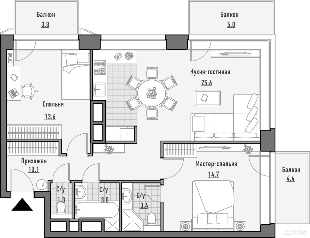 Планировка квартиры 2 спальни и кухня-гостиная