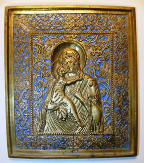 Меднолитая икона Богоматерь Владимирская 19 век