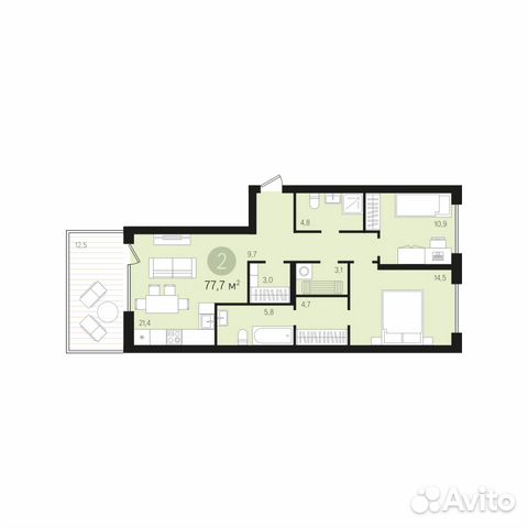 2-к квартира, 77.7 м², 1/10 эт. 2-к квартира, 77.7 м², 1/10 эт.
