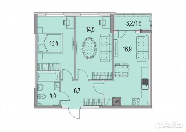 2-к квартира, 57.5 м², 3/6 эт.