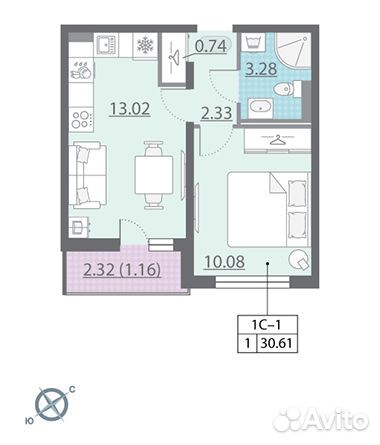 1-к квартира, 30.6 м², 2/13 эт. 1-к квартира, 30.6 м², 2/13 эт.