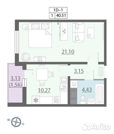 1-к квартира, 40.5 м², 12/21 эт.