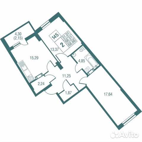 2-к квартира, 68.7 м², 2/25 эт.
