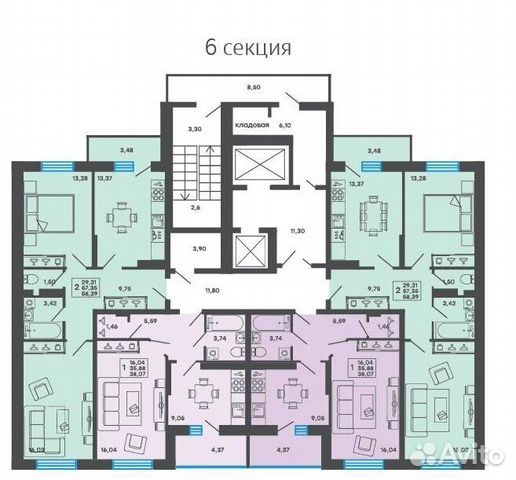 2-к квартира, 58.4 м², 8/16 эт.