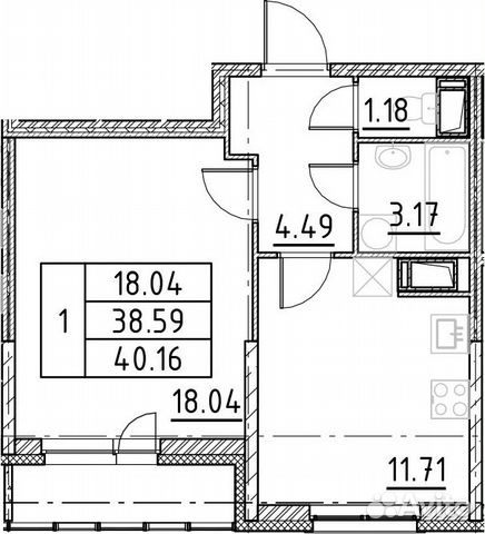 1-к квартира, 41.7 м², 12/19 эт.