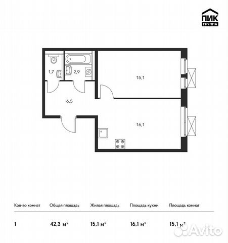 1-к квартира, 42.3 м², 16/17 эт. 1-к квартира, 42.3 м², 16/17 эт.