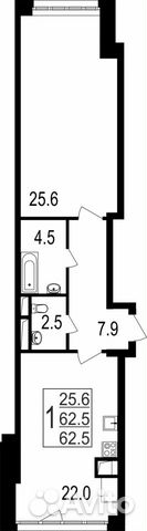 1-к квартира, 62.5 м², 1/4 эт.