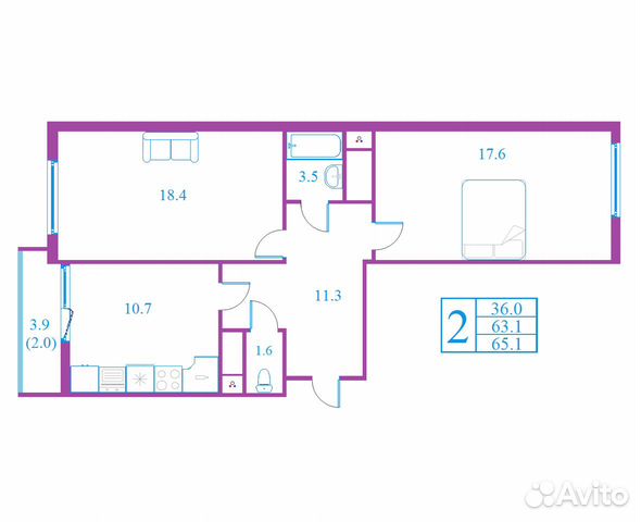 2-к квартира, 65.1 м², 16/17 эт.