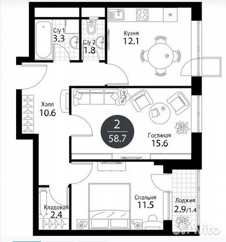 2-к квартира, 58.6 м², 6/22 эт. 2-к квартира, 58.6 м², 6/22 эт.