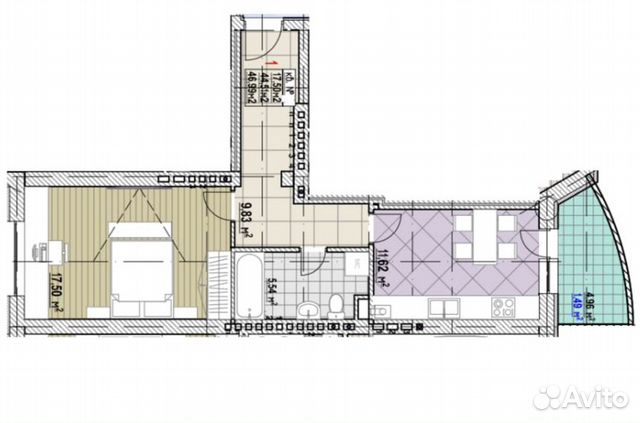 1-к квартира, 44.5 м², 3/4 эт. 1-к квартира, 44.5 м², 3/4 эт.