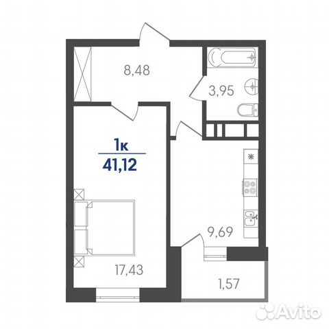 1-к квартира, 41.1 м², 2/7 эт.