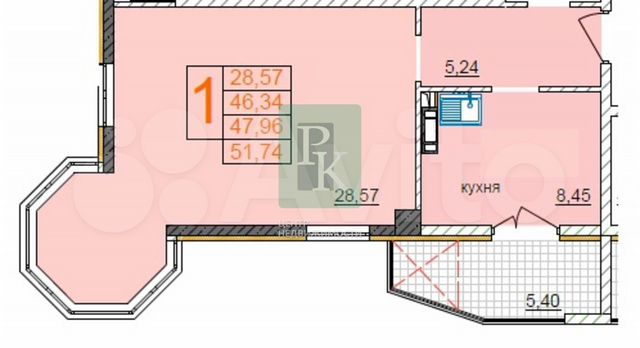 1-к. квартира, 51,7 м², 1/12 эт.