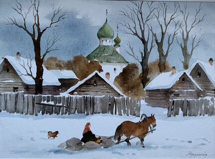 Картина акварель, Зимний пейзаж