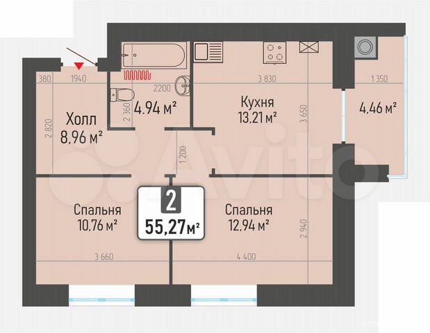 2-к. квартира, 55,3 м², 2/10 эт.