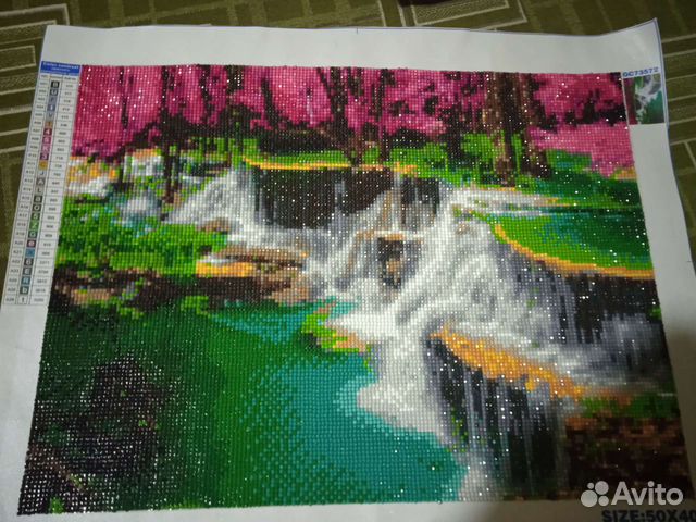 Водопад и Сакура, алмазная мозаика