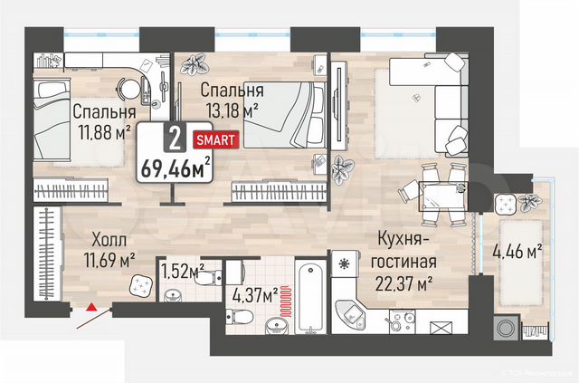 2-к. квартира, 69,5 м², 1/10 эт.