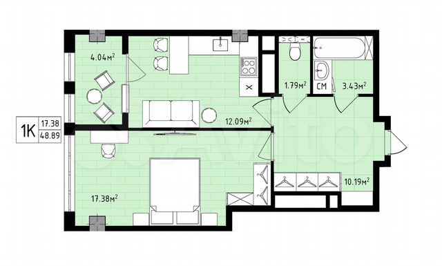 1-к. квартира, 48,9 м², 7/16 эт.