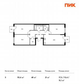 3-к квартира, 93.4 м², 2/12 эт.