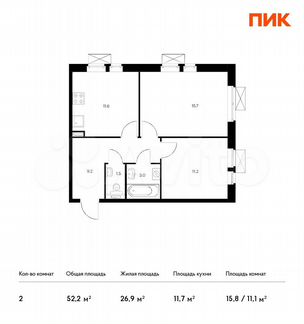 2-к квартира, 52.2 м², 13/17 эт.