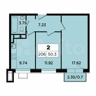 2-к апартаменты, 50.3 м², 15/18 эт.