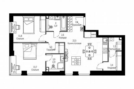 3-к квартира, 70.1 м², 34/42 эт.