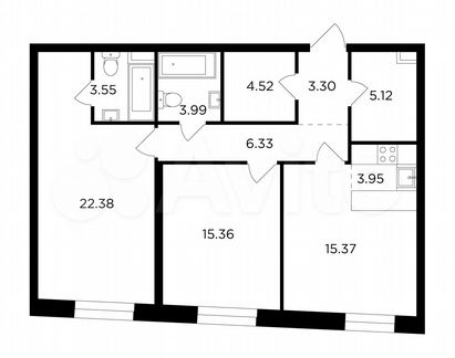 3-к квартира, 83.9 м², 12/16 эт.