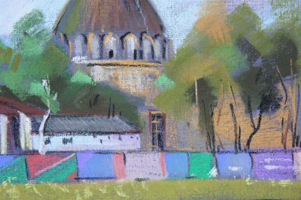 Картина, рисунок, пейзаж с деревьями и зданием