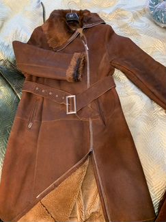 Дубленка б/у, длинная, с ремнём